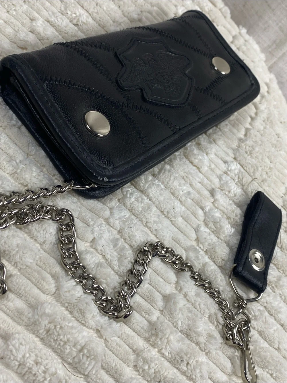 Vintage Black Leather Trucker Biker Chain Wallet Patchwork Eagle Crest 15”